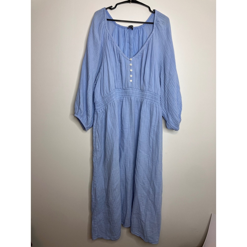 J.Crew Midi Dress Womens 3X Blue Cotton Gauze Smocked Puff Sleeve Pocket
